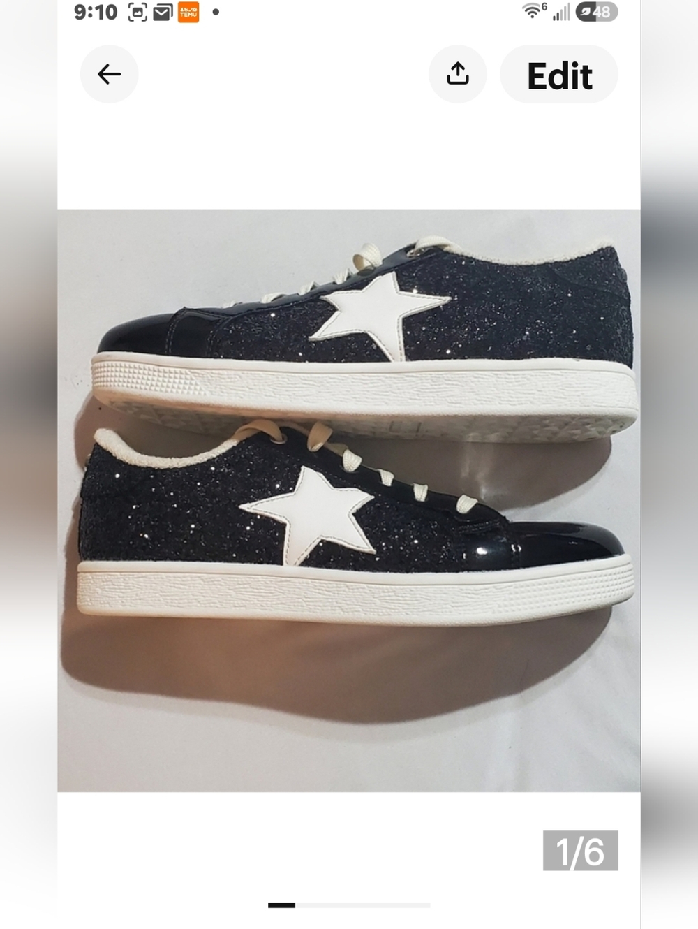 Lucky Step Black Glitter Sneakers with White Star. Size 8